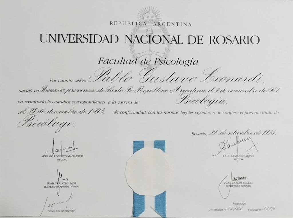 Pablo Leonardi: diploma de Psicologia da Universidad Nacional de Rosario