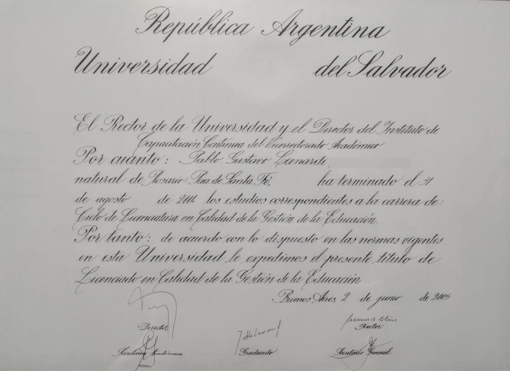 Pablo Leonardi: diploma de Educação da Universidad del Salvador